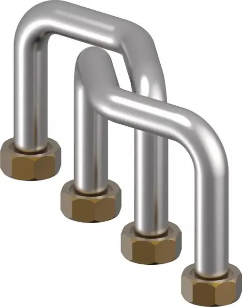 Drei gebogene Metallrohre mit sechs Anschlussmuttern, hergestellt von Uponor, geeignet für Installations- und Verbindungstechniken in verschiedenen Anwendungen.